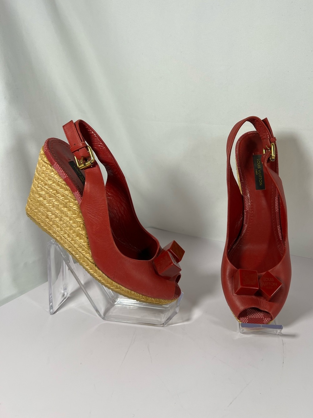 7250: Louis Vuitton Red Leather Bow Espadrille Wedge Sandals size 37
